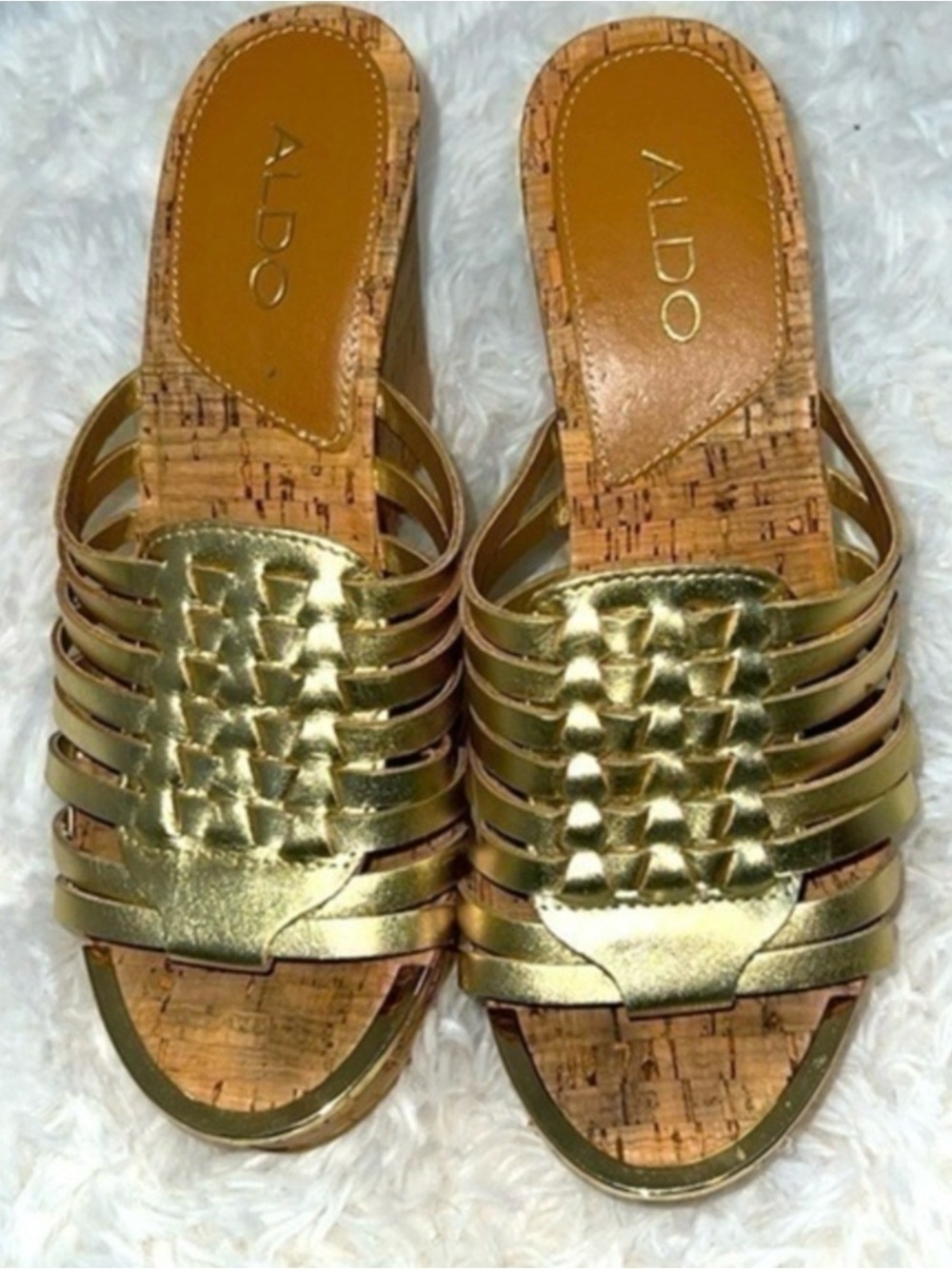 Aldo Metallic Gold Woven Slide Mules